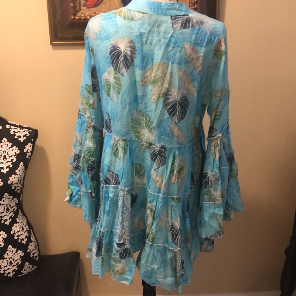 Zury tiered bohemian tropical print bell sleeve cotton babydoll coverup dress - Picture 6 of 12